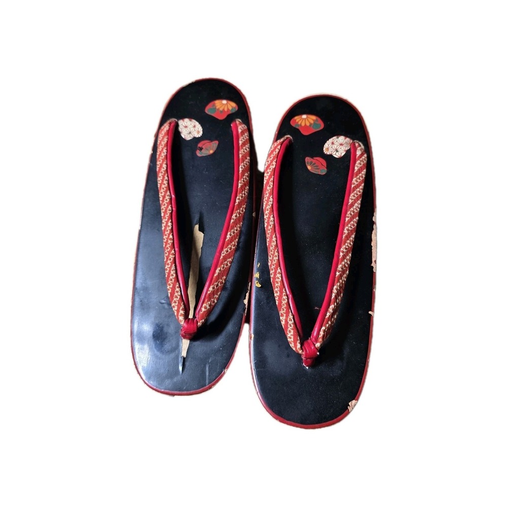Vintage Japanese Geta Sandals Red Lacquered Wood‎ Wooden Clogs Kimono Shoes...
